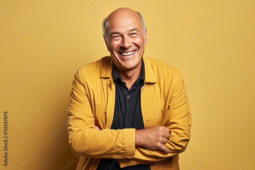 Portrait of smiling senior man with crossed arms isolated over yellow background