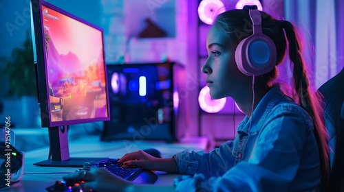 young woman is using computer in room at home. young girl playing computer game in computer room