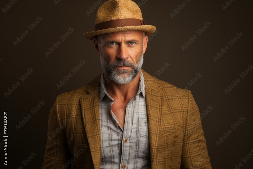 Portrait of a stylish mature man in a hat. Men's beauty, fashion. Portrait of a stylish mature man in a hat. Men's beauty, fashion.