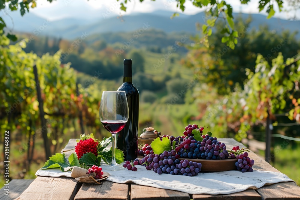 Vinyard Scene: Wine Bottle, Glass and Grapes on Wooden Table