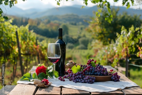Vinyard Scene: Wine Bottle, Glass and Grapes on Wooden Table