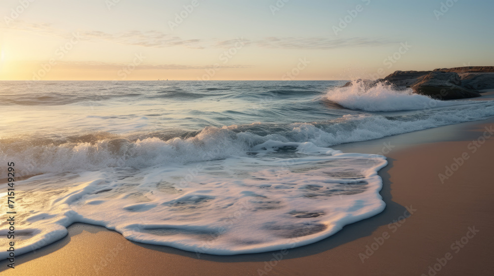  a beautiful beach scene with a calm ocean and a large wave crashing on the shore.