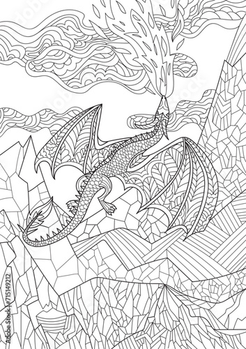 coloring book page for adults and children. Fantasy dragon with wings