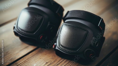 Closeup of a pair of black skate knee pads with velcro closures. photo