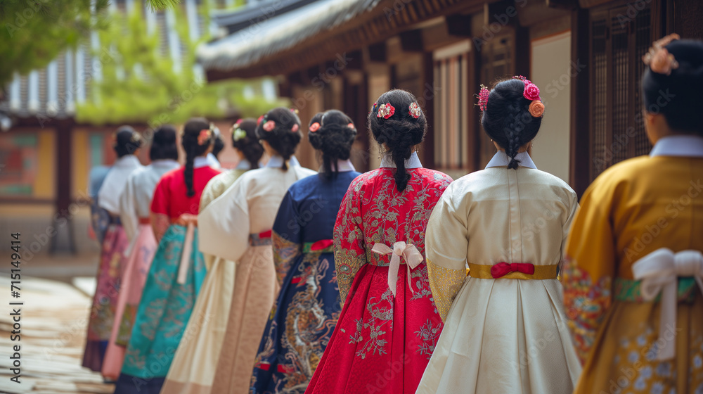 Beautiful back view of women wearing Hanbok, a traditional Korean costume.