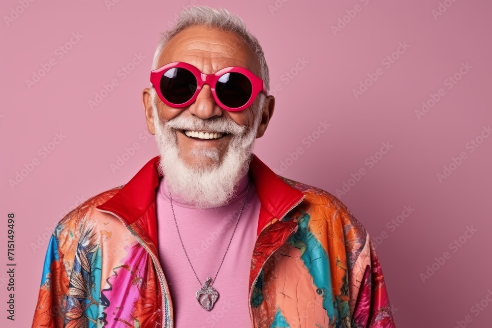 Portrait of a happy senior man in sunglasses and colorful jacket.