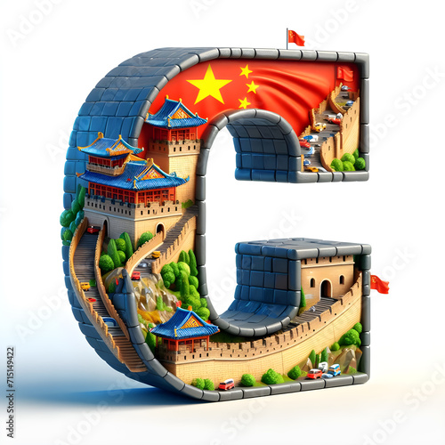 Realistic 3D letters Cities and landmarks of China. Real colors of buildings. With the letter Abbreviation C and the flag on a white background. Generative Ai. #715149422