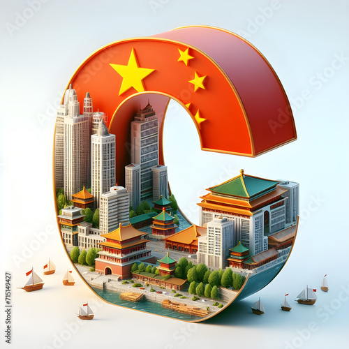 Realistic 3D letters Cities and landmarks of China. Real colors of buildings. With the letter Abbreviation C and the flag on a white background. Generative Ai. #715149427