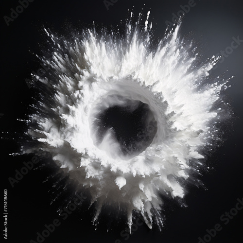 White Powder Explosion in Circle Frame, Dramatic Abstract Art for Design