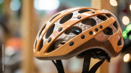 Closeup of an innovative bike helmet made from sustainable materials such as bamboo and recycled plastic.