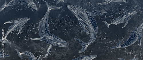 Art background with hand-drawn whales in line style against the sky with stars. Vector dark banner for decoration, print, textile, wallpaper, interior design, poster.