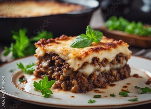 Baked moussaka with minced meat, onion and cheese