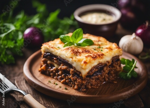 Baked moussaka with minced meat  onion and cheese