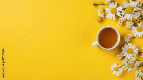 Chamomile tea and daisies composition with copy space for text on wooden background