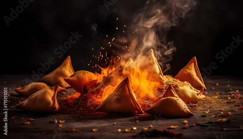 Realistic photo of samosa food with smoke coming out of it in a dark background © s1pkmondal143