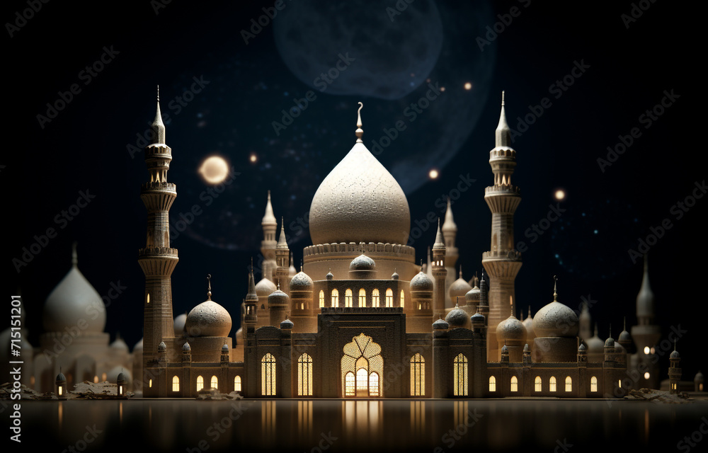 A beautiful golden Islamic mosque on crescent moon night in reflection water, Happy Ramadan Mubarak