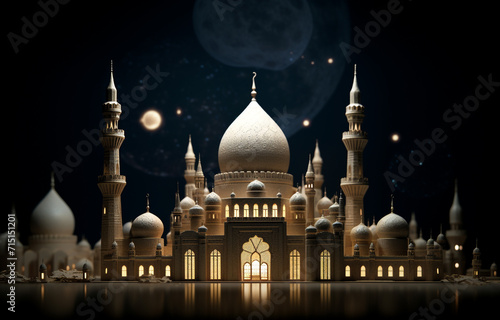 A beautiful golden Islamic mosque on crescent moon night in reflection water, Happy Ramadan Mubarak