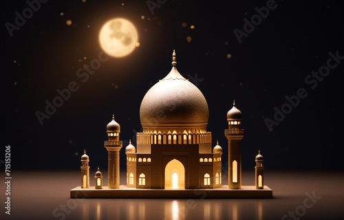 A beautiful golden islamic mosque in crescent moon night in reflection water, Islamic background image © s1pkmondal143
