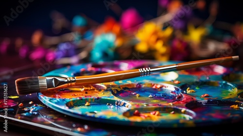 Vibrant artist s palette and dynamic paintbrushes in close up studio shot photo
