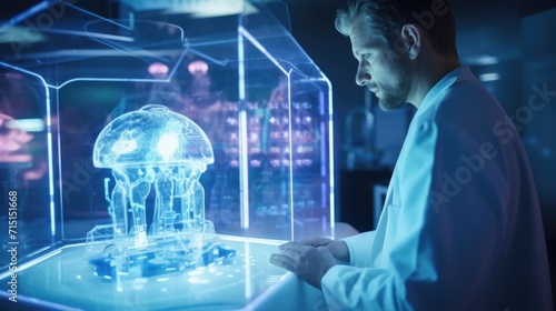 Up close shot of a medical expert examining a detailed 3D model of a patients on a holographic display.