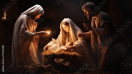 Christmas nativity scene with mary, joseph, and baby jesus in an old barn birth of christ child