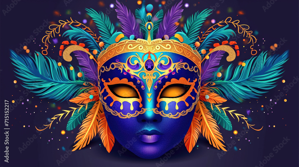 A colorful mask with feathers on a dark background, Mardi Gras mask with colorful feathers.