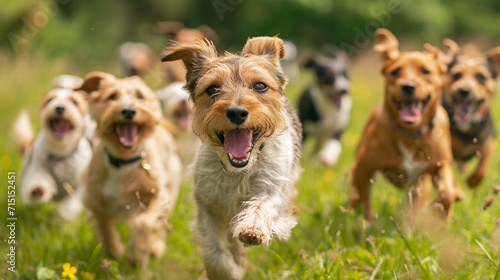 さまざまな種類の笑顔の犬が草原を駆け回っている