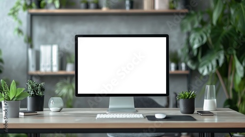 Mockup of computer monitor on desk in contemporary minimalist home office with plants, AI-generative photo