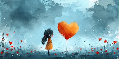 A painting of a girl holding a heart shaped balloon, birthday greeting card design.