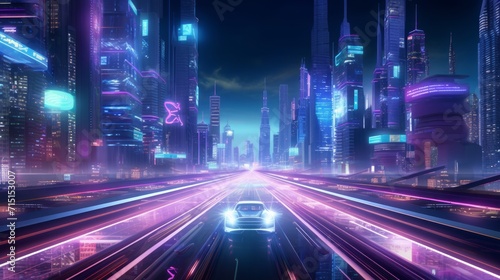 Retro-futuristic 80s style drive in neon city. Cyberpunk sunset landscape with a moving car on a highway road. Neural network AI generated art