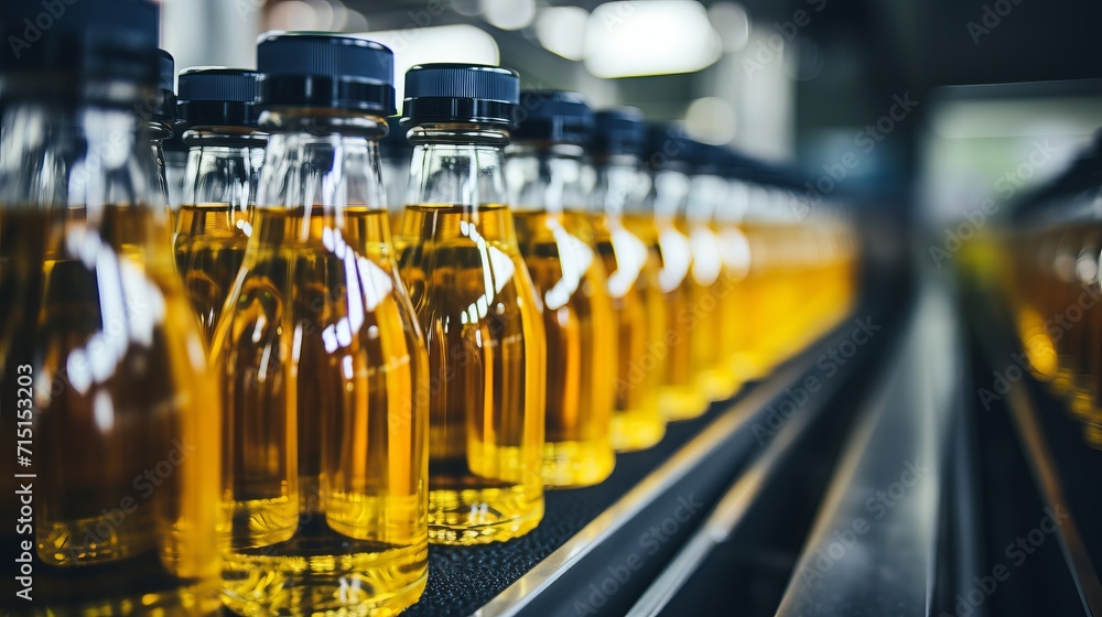 Modern beverage factory interior with automated belt conveyor system transporting juice bottles Modern beverage factory interior with automated belt conveyor system transporting juice bottles