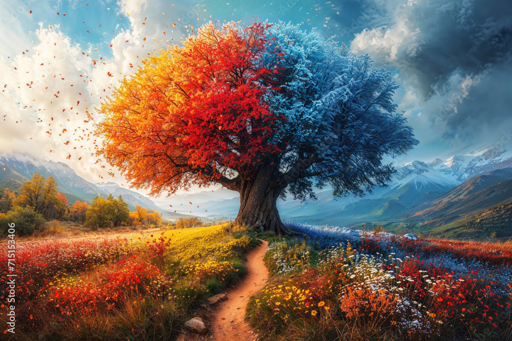 A vibrant and colorful tree with branches representing the four seasons. A path meandering beside a meadow abundant with colorful wild flowers.