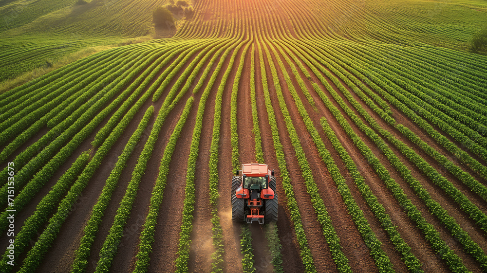 tractor driving across a large field for harvesting crop in countryside. Agricultural vehicle working at sunset, golden hour. tractor driving across a large field for harvesting crop in countryside. Agricultural vehicle working at sunset, golden hour.