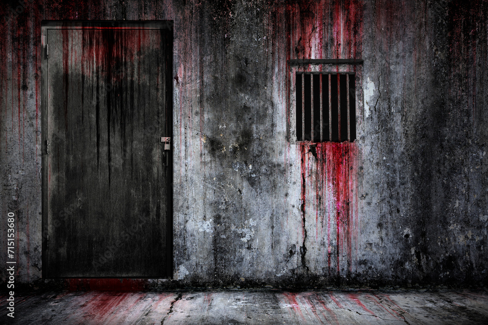 Bloody background scary old cement wall and floor, and the door, and window with rusted iron bars, the concept of horror and Halloween - obrazy, fototapety, plakaty 