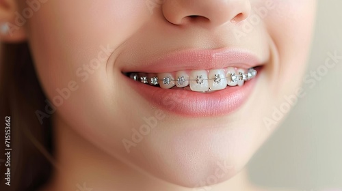 Close up of a smiling girl with braces  emphasizing dental care and orthodontic treatment