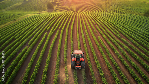 tractor driving across a large field for harvesting crop in countryside. Agricultural vehicle working at sunset, golden hour.