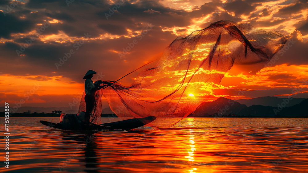  Asian fisherman on wooden boat casting a net for catching freshwater fish in nature river in the early morning before sunrise 
