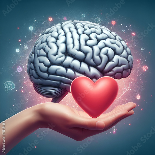 Heart and Brain concept, conflict between emotions and rational thinking, teamwork and balance between soul and intelligence. Vector logo photo