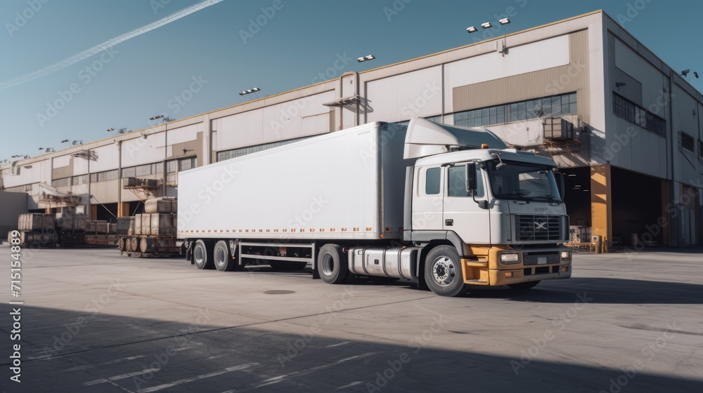 Truck with trailer near warehouse. Neural network AI generated art Truck with trailer near warehouse. Neural network AI generated art