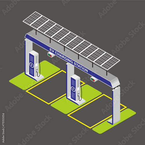 Isometric two lines of electric vehicle charging station on parking lot with fast charger and solar panel on the roof vector illustration.