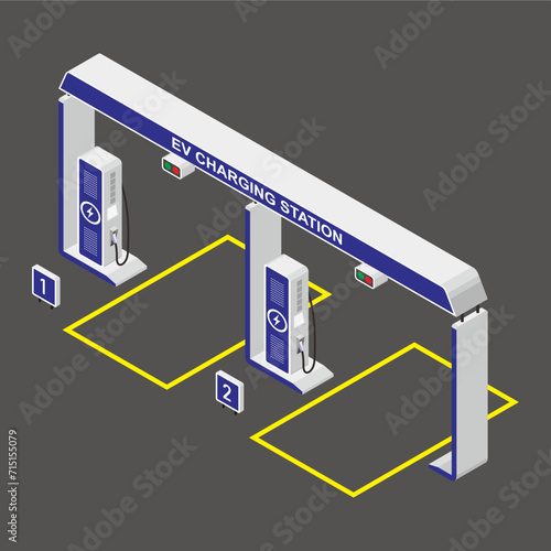 Isometric two lines of electric vehicle charging station on parking lot with fast charger and line number illustration.