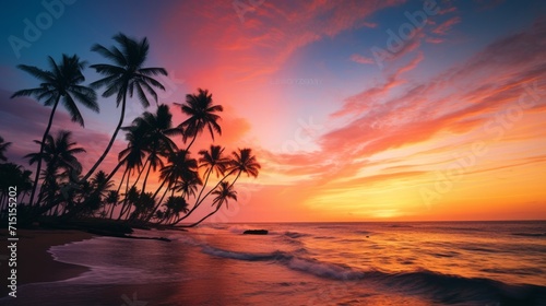 palm tree on the beach during sunset pink sky of beautiful a tropical beach. Neural network AI generated art © mehaniq41