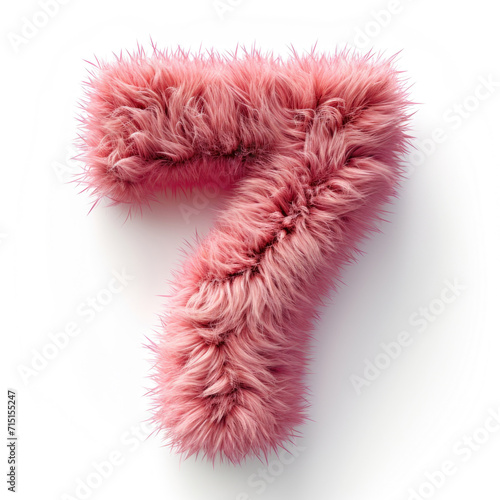 A pink fuzzy number seven on a white surface