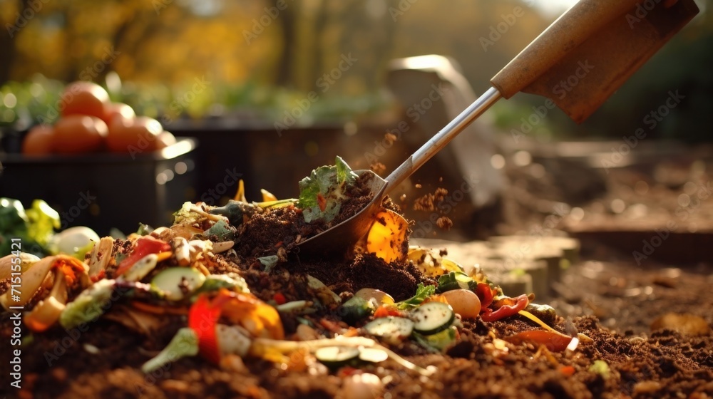 Closeup of a shovel mixing fresh food ss into a compost pile, aiding in the breakdown process.