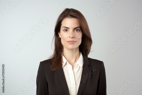 Portrait of a beautiful business woman in a suit on a gray background