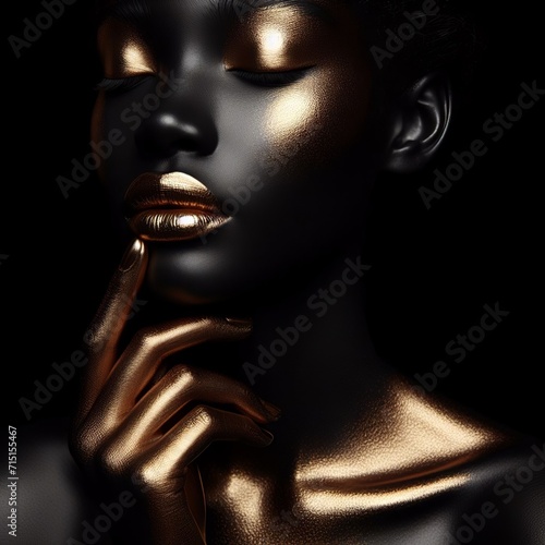 Black woman with golden lips on black background 