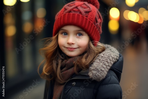 Portrait of a cute little girl in a red hat and coat.