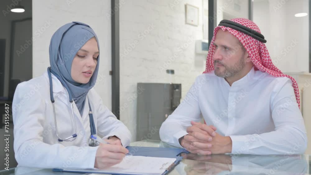 Doctor in Hijab Writing Medicine for Arab Patient Doctor in Hijab Writing Medicine for Arab Patient