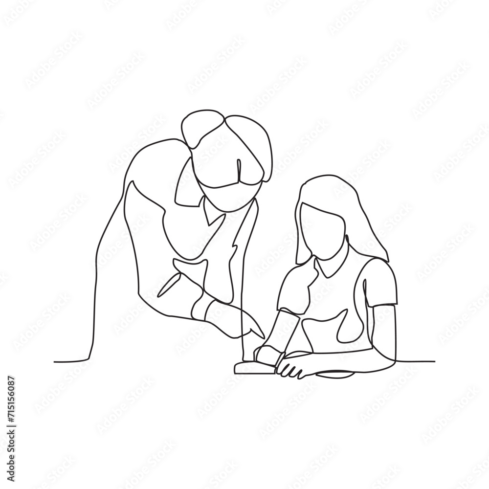 One continuous line drawing of a student is studying with a teacher who teaches mathematics vector illustration. Student activity with the teacher illustration in simple linear style vector concept. One continuous line drawing of a student is studying with a teacher who teaches mathematics vector illustration. Student activity with the teacher illustration in simple linear style vector concept.