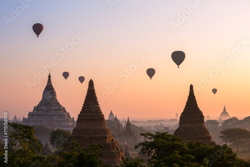 Hot air ballons over the temples of Bagan at sunrise, Myanmar photo